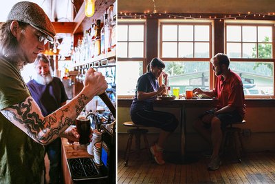 Plank Town Brewing’s John Crane pulls an ale while steve van rossem looks on. Right: A couple dines at Brewers Union Local 180.