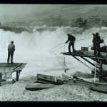 Salmon fishing with large loop nets by Native Americans circa 1938. Photo credit: Archival photograph by Mr. Sean Linehan, NOS, NGS and National Oceanic and Atmospheric Administration/Department of Commerce.