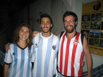 Argentine friends wear their national team jerseys on game day in Brazil. doherty (right) wears his training jersey of an Argentine club, Estudiantes de la Plata.