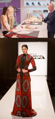 Emmerich in the workroom with co-host Tim Gunn. Emmerich’s winning design for Sept. 4 episode of Project Runway.