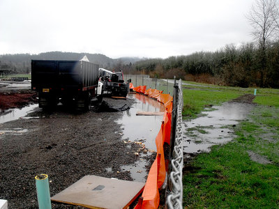 Stormwater from the Roosevelt Middle School Construction site leaks into the adjacent Amazon Wetlands due to a faulty sediment fence. Photo Credit: Jeslyn Lemke.